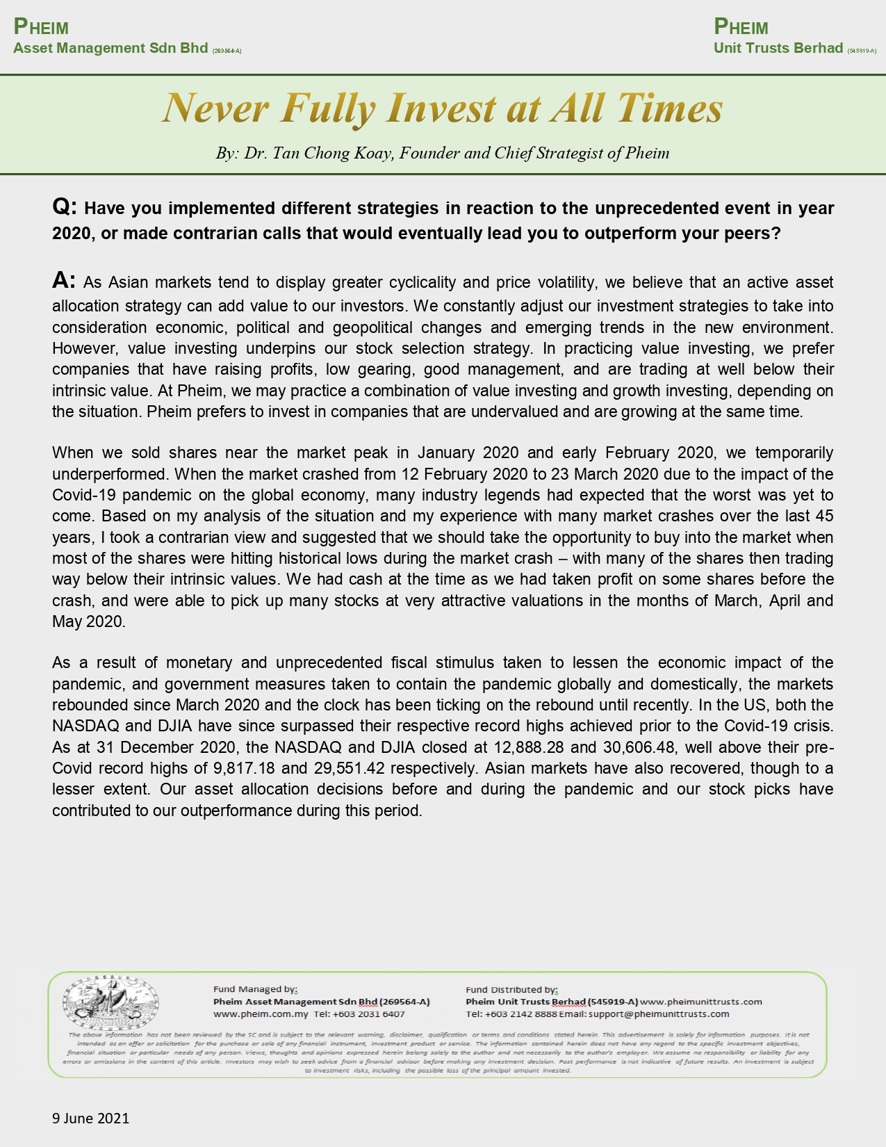 Implement Different Strategies In Reaction To The Unprecedented Event Pheim Asset Management Sdn Bhd